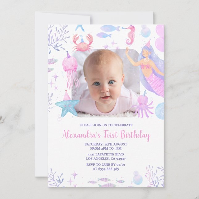 Sjöjungfru 1:a födelsedag under Havsfoto Inbjudningar (Framsida)
