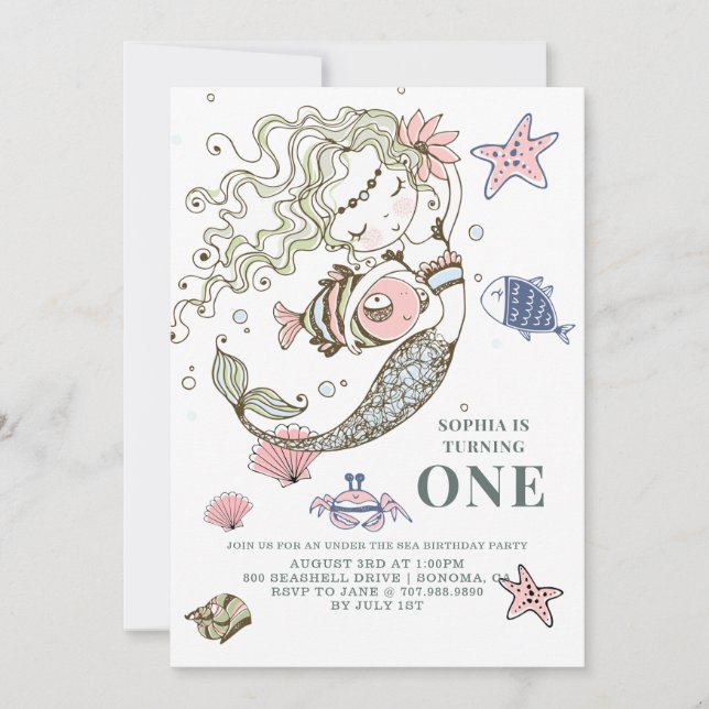 Sjöjungfru 1:a födelsedagarinbjudan inbjudningar (Framsida)