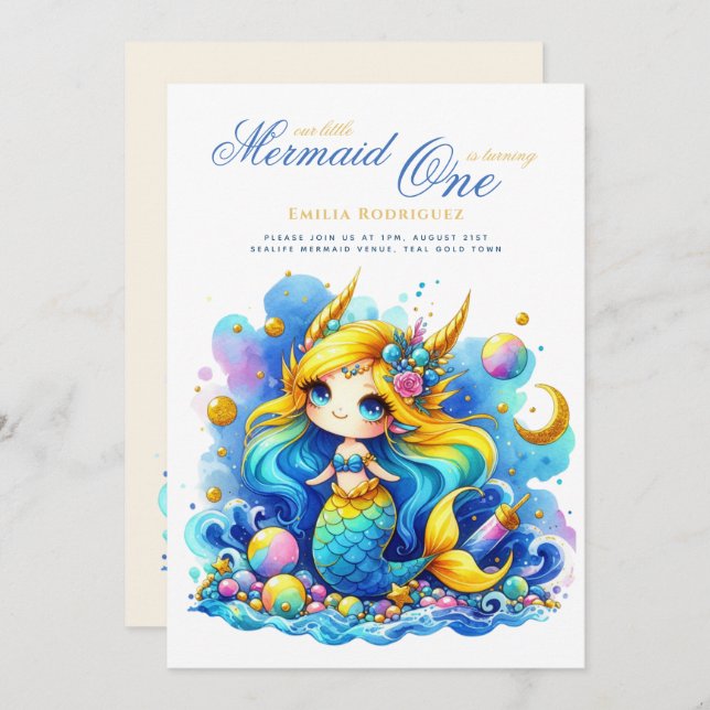 Sjöjungfru 1:a födelsedagen eller EDIT AGE Teal Go Inbjudningar (Fram/baksida)