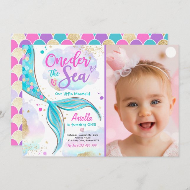 Sjöjungfru 1:a födelsedagen Party ONEder Havets Sj Inbjudningar (Fram/baksida)