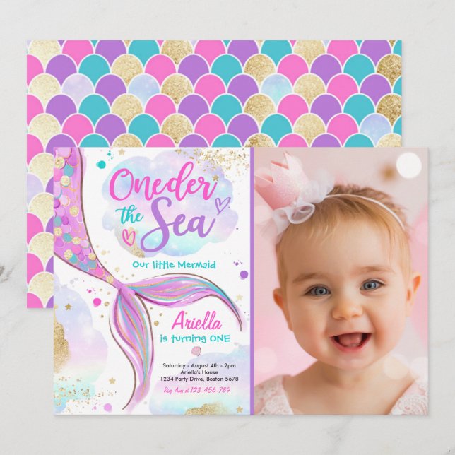 Sjöjungfru 1:a födelsedagen Party ONEder Havets Sj Inbjudningar (Fram/baksida)
