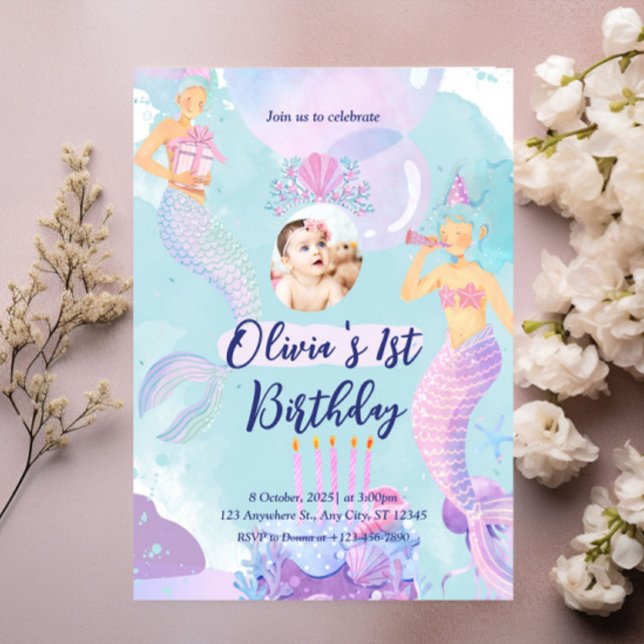 Sjöjungfru 1:a födelsedagen Party ONEder Havets Sj Inbjudningar (Skapare uppladdad)