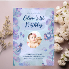 Sjöjungfru 1:a födelsedagen Party ONEder Havets Sj Inbjudningar