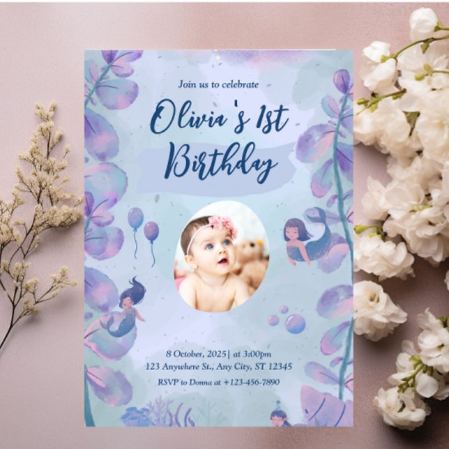 Sjöjungfru 1:a födelsedagen Party ONEder Havets Sj Inbjudningar (Skapare uppladdad)