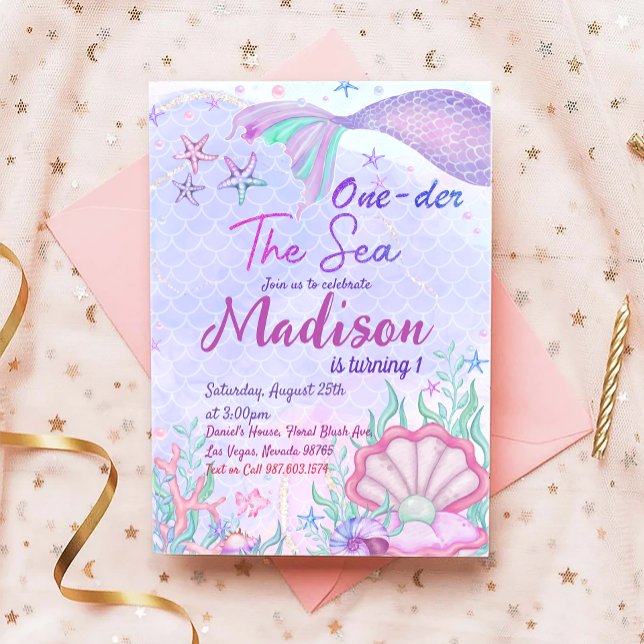 Sjöjungfru 1:a födelsedagen Party ONEder Sea Party Inbjudningar (Skapare uppladdad)