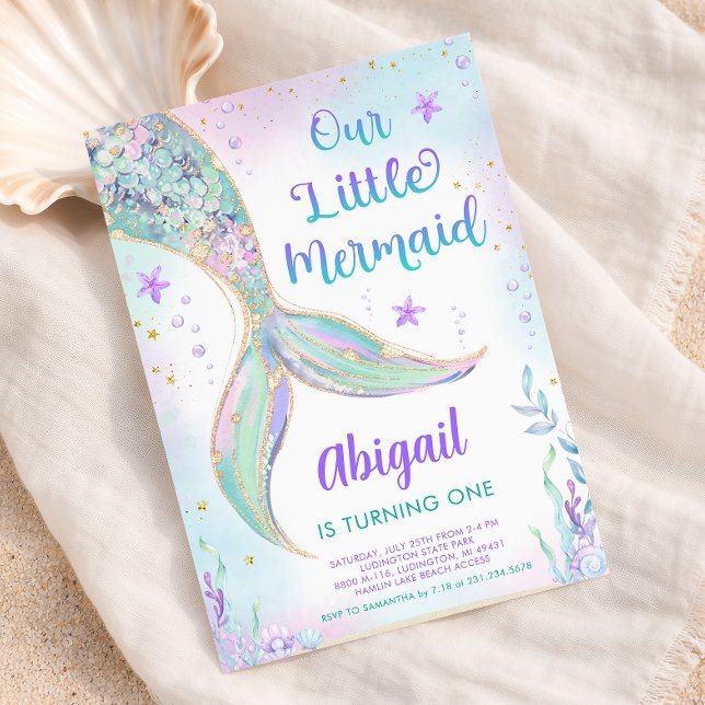Sjöjungfru 1-års födelsedagsinbjudan inbjudningar (Mermaid 1st Birthday Invitation
)