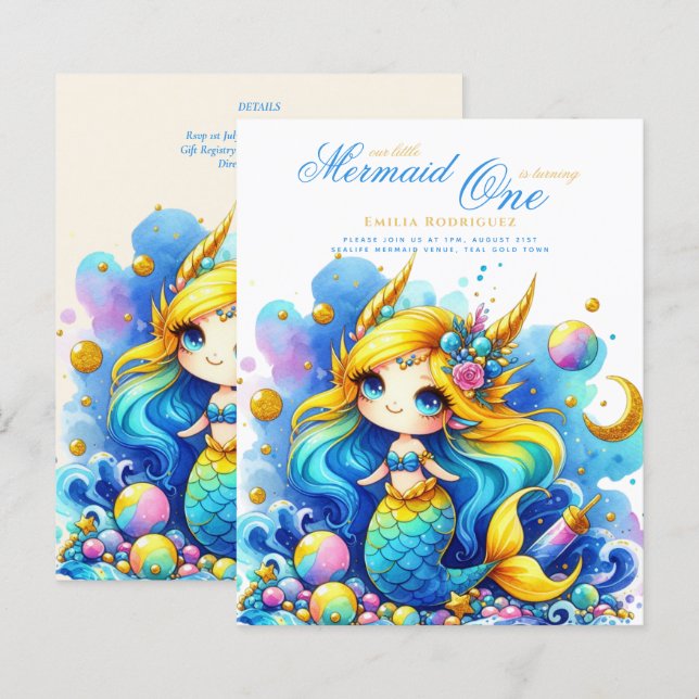 Sjöjungfru 1-årsdag eller REDIGERA ÅLDER Teal Guld (Fram/baksida)