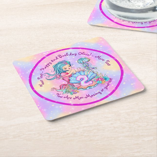 Sjöjungfru 2:a födelsedag Ändra text anpassa Underlägg Papper Kvadrat (Vinklad)