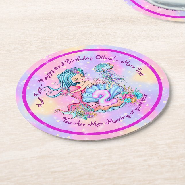 Sjöjungfru 2:a födelsedag Ändra text anpassa Underlägg Papper Rund (Vinklad)