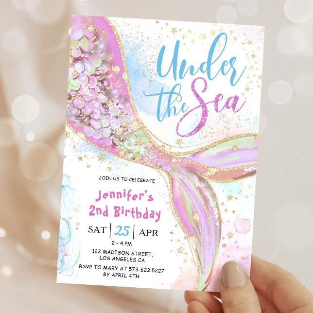 Sjöjungfru 2:a födelsedag Party Rosa under havet Inbjudningar (Skapare uppladdad)