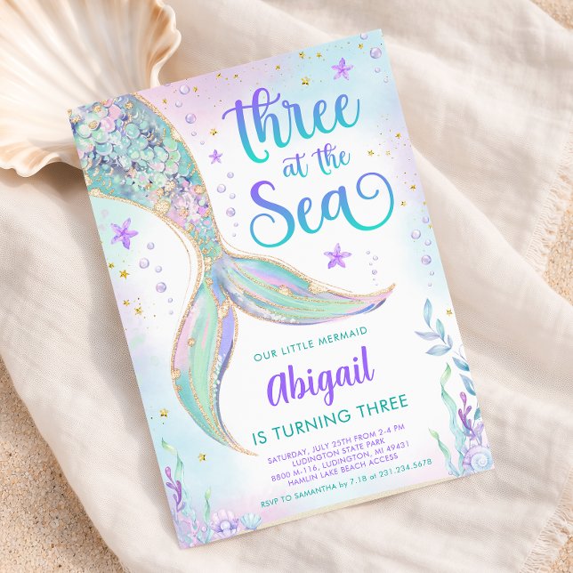 Sjöjungfru 3-års födelsedagsinbjudan till Tre vid  Inbjudningar (Three at the Sea Mermaid 3rd Birthday Invitation
)