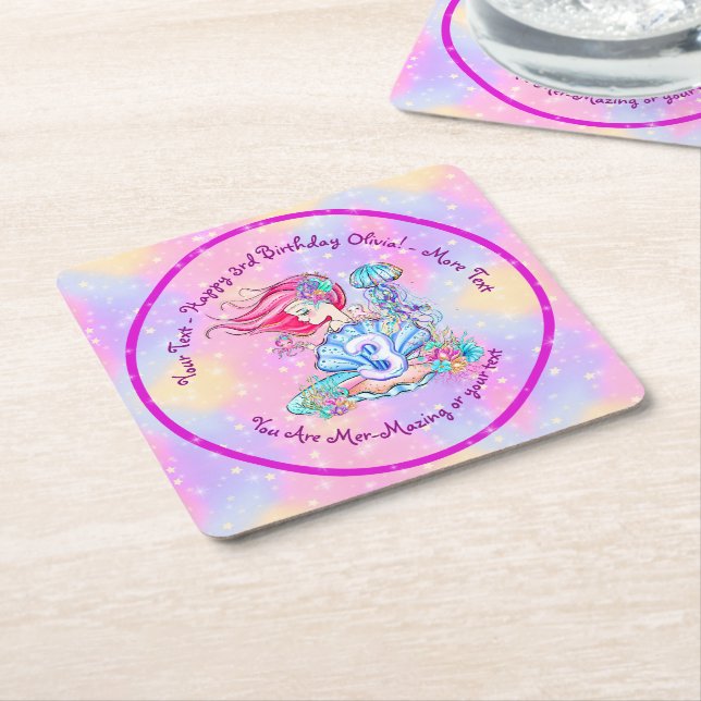 Sjöjungfru 3:e födelsedag Ändra text anpassa Underlägg Papper Kvadrat (Vinklad)