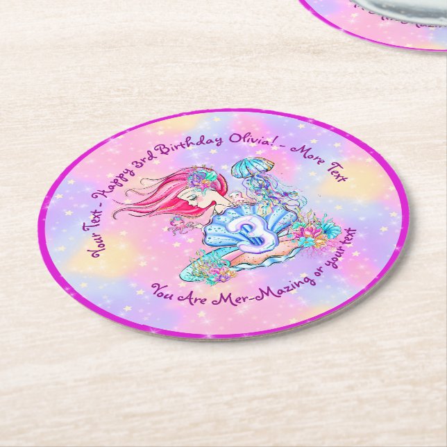 Sjöjungfru 3:e födelsedag Ändra text anpassa Underlägg Papper Rund (Vinklad)