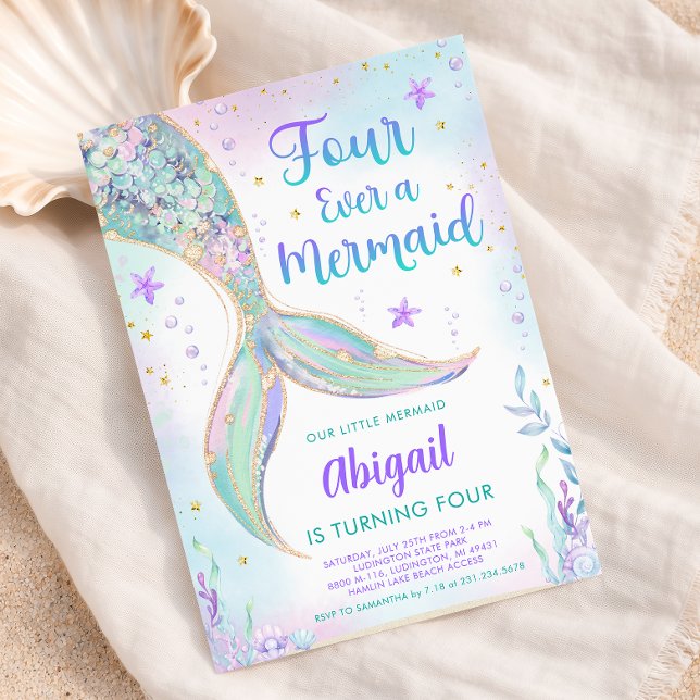 Sjöjungfru 4-års födelsedagsinbjudan inbjudningar (Mermaid 4th Birthday Party Invitation - Pastel Mermaid Tail Invite)
