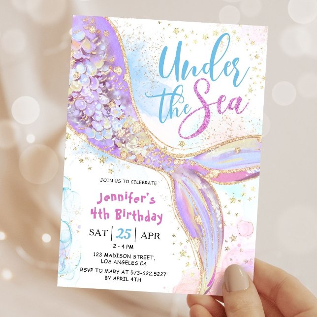 Sjöjungfru 4e födelsedagen Party Lila under havet Inbjudningar (Skapare uppladdad)