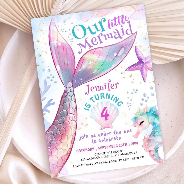 Sjöjungfru 4e födelsedagen under havets lilla Sjöj Inbjudningar (Skapare uppladdad)