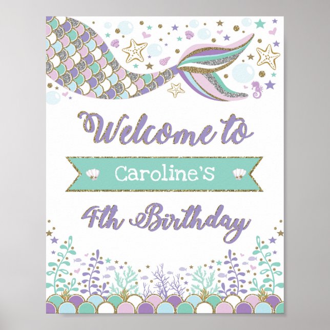 Sjöjungfru 4e födelsedagen välkomstskylt under hav poster (Framsidan)