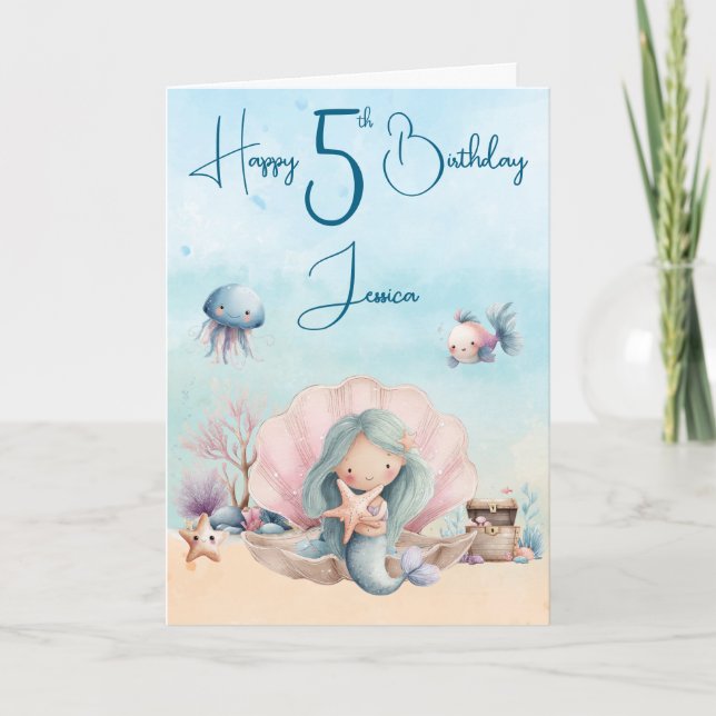 Sjöjungfru 5-års födelsedagsfaltet gratulationskor kort (Framsida)
