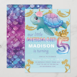 Sjöjungfru 5:e födelsedag Rosa Blå Guld Glitter Inbjudningar
