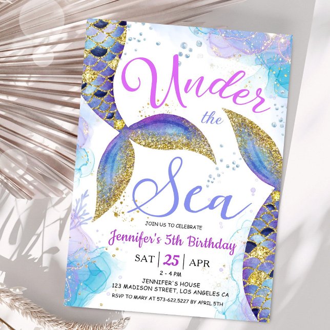 Sjöjungfru 5:e födelsedag Rosa för flickor under h Inbjudningar (Skapare uppladdad)