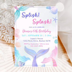 Sjöjungfru 6e Birthday Girl Splish Stänk Party Inbjudningar