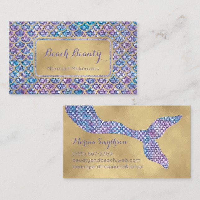 Sjöjungfru Affärskort Blue Periwinkle Sequin glam Visitkort (Fram/baksida)