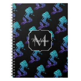 Sjöjungfru akvablå ombré Glitter Mönster Monogram Anteckningsbok
