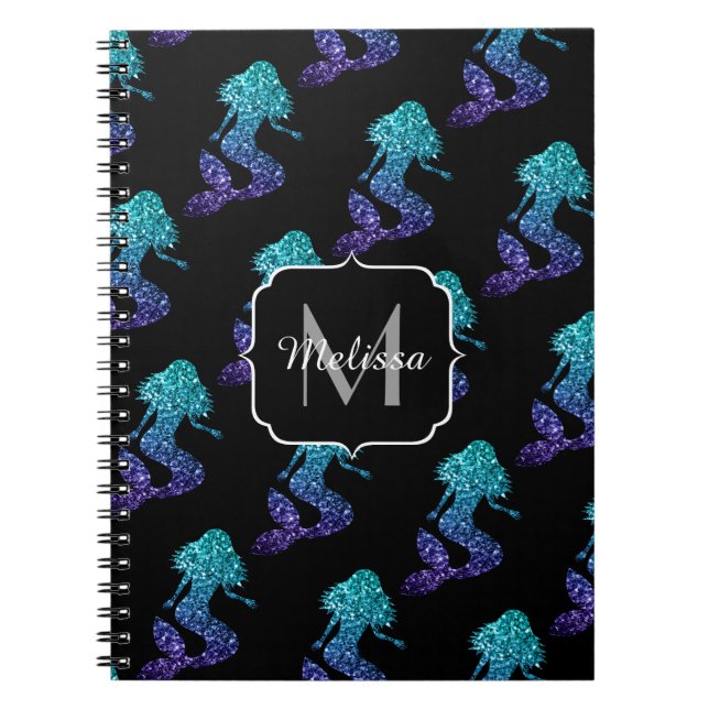 Sjöjungfru akvablå ombré Glitter Mönster Monogram Anteckningsbok (Framsidan)