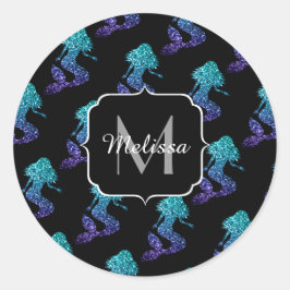 Sjöjungfru akvablå ombre Glitter mönster Monogram Runt Klistermärke
