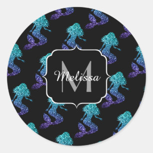 Sjöjungfru akvablå ombre Glitter mönster Monogram Runt Klistermärke