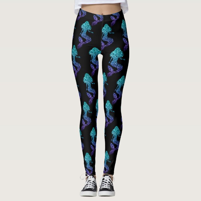 Sjöjungfru akvablå ombre Glittermönster Leggings (Framsida)