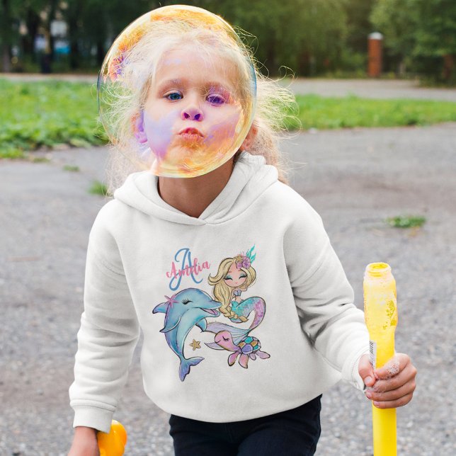 Sjöjungfru Anpassningsbar Kids Namn Rosa Girls T Shirt (Mermaid Custom Kids Name Pink Girls Hoodie
)