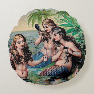 Sjöjungfru Antique Magic Nautical Ocean Rund Kudde