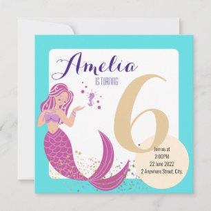 Sjöjungfru Aqua Blue Lila Whimsical Birthday Kids Inbjudningar