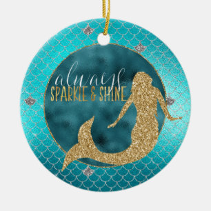 Sjöjungfru Aqua Guld Silver Gnistra Glitter Julgransprydnad Keramik