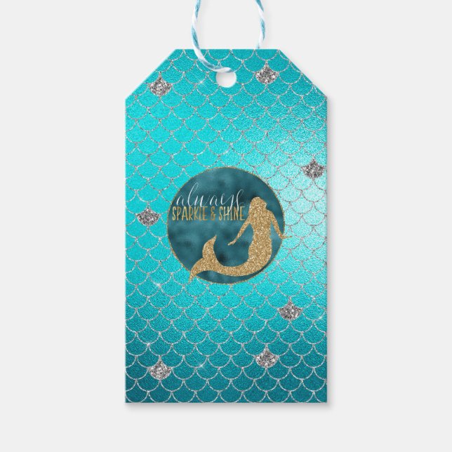 Sjöjungfru Aqua Guld Silver Gnistra Glitter Presentetikett (Framsidan)