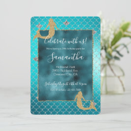 Sjöjungfru Aqua Teal Guld Silver Glitter Inbjudningar