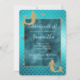 Sjöjungfru Aqua Teal Guld Silver Gnistra Glitter Inbjudningar