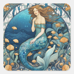 Sjöjungfru Art nouveau Aqua Blue Turcos Art Deco Fyrkantigt Klistermärke
