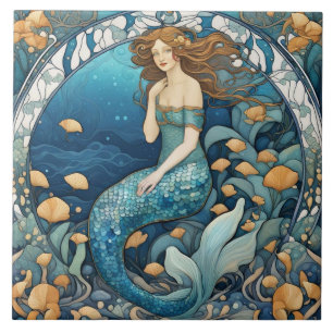 Sjöjungfru Art nouveau Aqua Blue Turcos Art Deco Kakelplatta