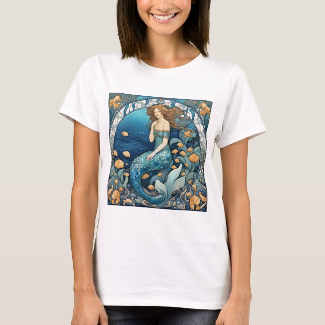 Sjöjungfru Art nouveau Aqua Blue Turcos Art Deco T Shirt (Framsida)