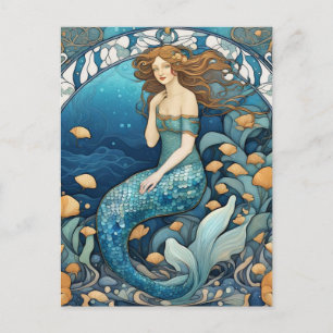 Sjöjungfru Art nouveau Aqua Blue Turcos Art Deco Vykort