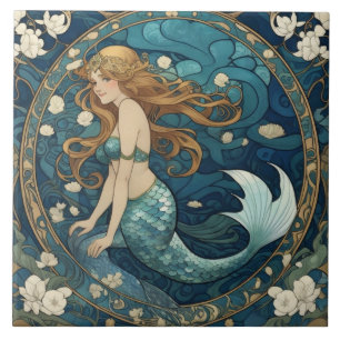 Sjöjungfru Art nouveau Art Deco Stil Blue Kakelplatta