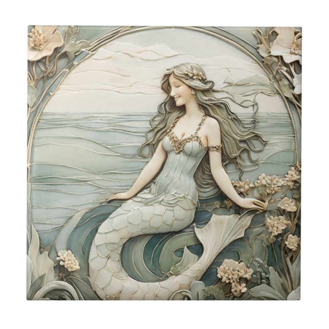 Sjöjungfru Art nouveau Faux Relief Mint Ocean Sea Kakelplatta (Framsidan)