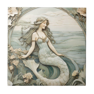 Sjöjungfru Art nouveau Faux Relief Mint R Ocean Se Kakelplatta