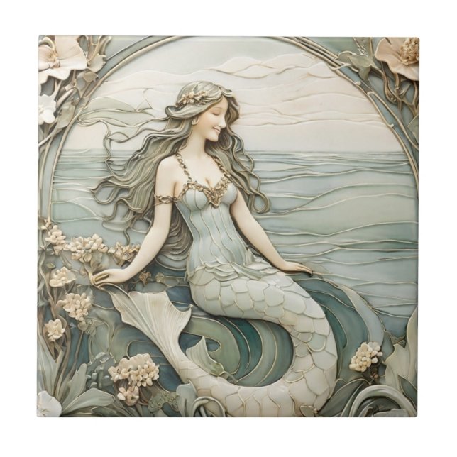 Sjöjungfru Art nouveau Faux Relief Mint R Ocean Se Kakelplatta (Framsidan)