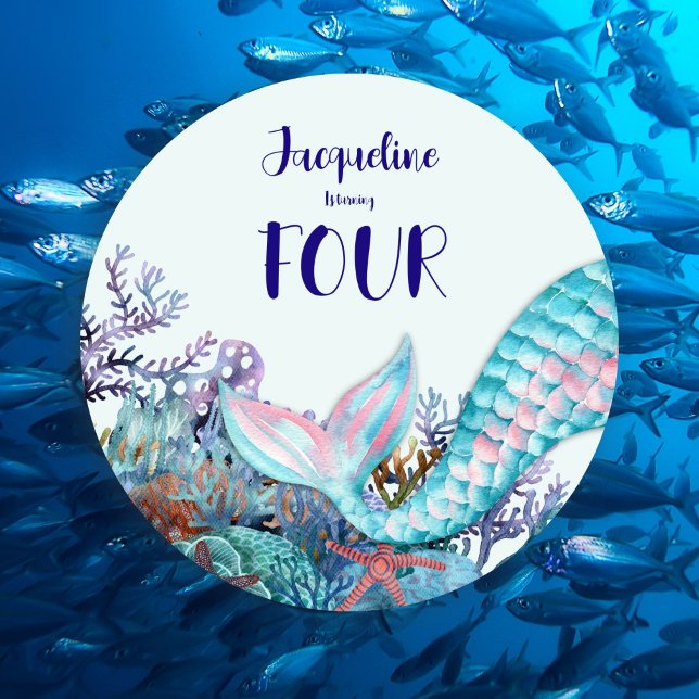 Sjöjungfru av 4e födelsedagen vattenfärg under hav inbjudningar (Skapare uppladdad)