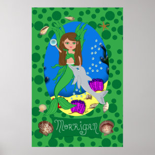 Sjöjungfru av grönt med vingar och delfinutskrift poster