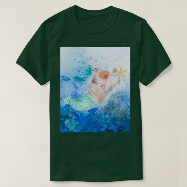 Sjöjungfru av katt i havet, färgas vatten t shirt (Design framsida)