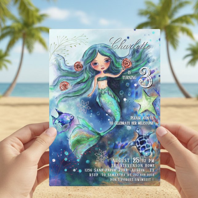 Sjöjungfru av magiska vattenfärger under Havsdagen Inbjudningar (Magical Watercolor Mermaid Under the Sea Birthday Invitation)